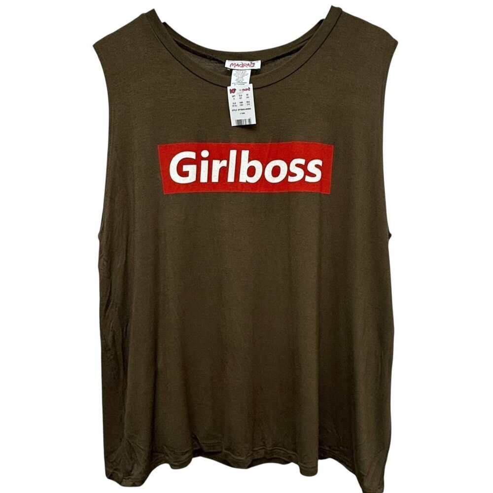 MadRag Girl Boss Graphic Tee 2XL Olive Green Sleeveless Tank Top NWT